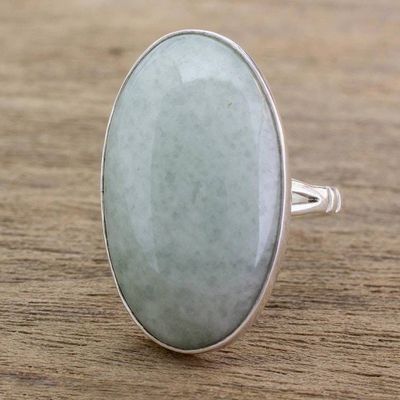 Alternate image for Handcrafted Minimalist Light Green Jade and Silver Ring Pale Green Tonalities