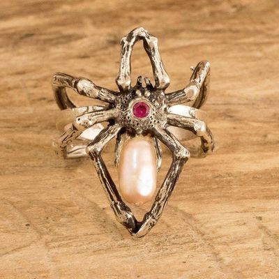 Primary image for Silver Spider Cocktail Ring Pearl and Red Cubic Zirconia Arachnids Red Heart