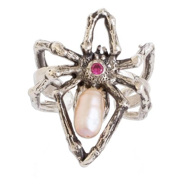 Alternate image for Silver Spider Cocktail Ring Pearl and Red Cubic Zirconia Arachnids Red Heart