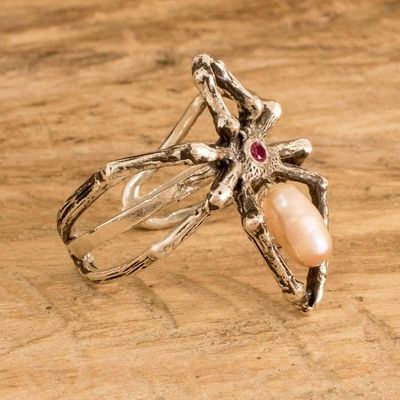Alternate image for Silver Spider Cocktail Ring Pearl and Red Cubic Zirconia Arachnids Red Heart