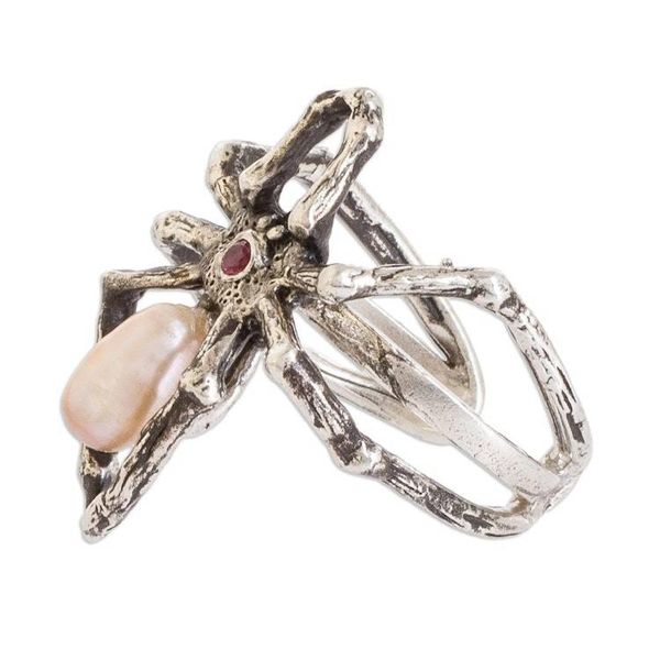 Alternate image for Silver Spider Cocktail Ring Pearl and Red Cubic Zirconia Arachnids Red Heart