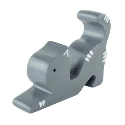 Alternate image for Hand-carved Grey Wood Cat Phone Holder Stretching Cat in Grey