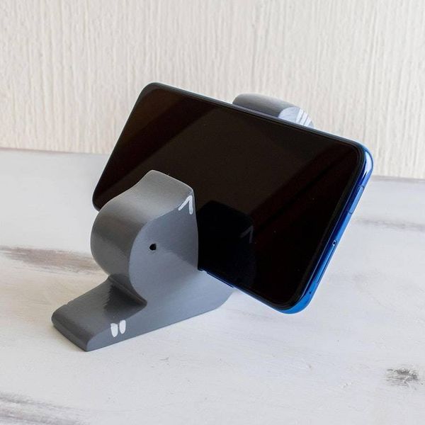 Alternate image for Hand-carved Grey Wood Cat Phone Holder Stretching Cat in Grey