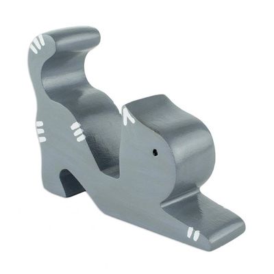 Alternate image for Hand-carved Grey Wood Cat Phone Holder Stretching Cat in Grey