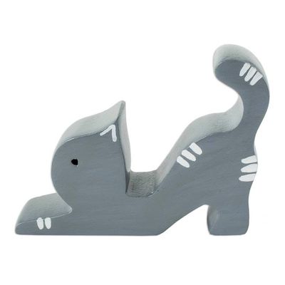 Alternate image for Hand-carved Grey Wood Cat Phone Holder Stretching Cat in Grey