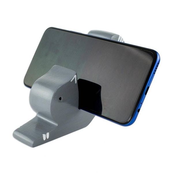Alternate image for Hand-carved Grey Wood Cat Phone Holder Stretching Cat in Grey