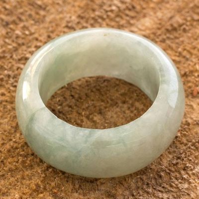 Primary image for Artisan Crafted 10 mm Wide Band Ring of Guatemalan Jade Pale Green Halo