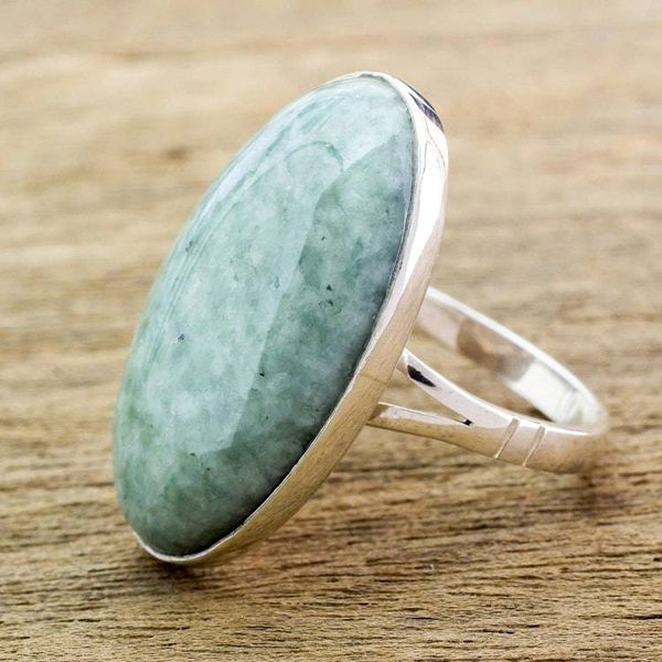 Alternate image for Handcrafted Minimalist Forest Green Jade and Silver Ring Shades of Green