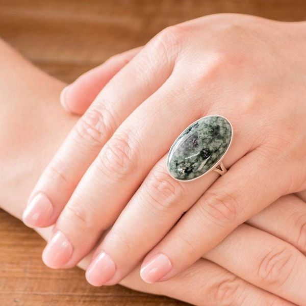 Alternate image for Handcrafted Minimalist Forest Green Jade and Silver Ring Shades of Green