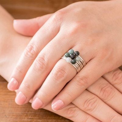 Alternate image for Green and Black Jade Gem Ring in 925 Silver My Daily Blessings