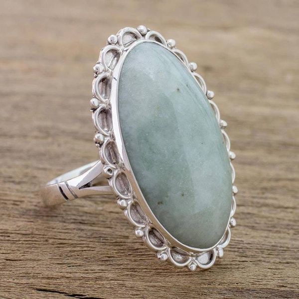 Alternate image for Guatemalan Hand Crafted Light Green Jade and Silver Ring Pale Dahlia
