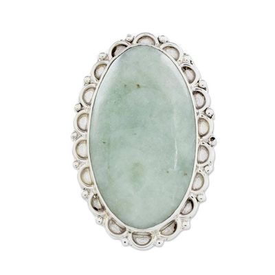 Alternate image for Guatemalan Hand Crafted Light Green Jade and Silver Ring Pale Dahlia