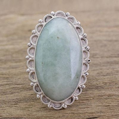 Alternate image for Guatemalan Hand Crafted Light Green Jade and Silver Ring Pale Dahlia