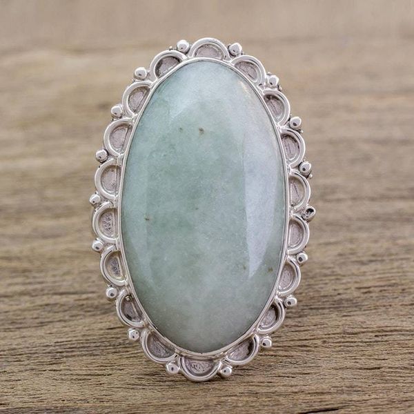 Alternate image for Guatemalan Hand Crafted Light Green Jade and Silver Ring Pale Dahlia