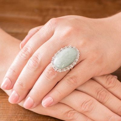 Alternate image for Guatemalan Hand Crafted Light Green Jade and Silver Ring Pale Dahlia