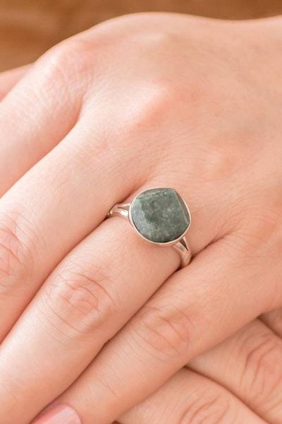 Alternate image for Modern Sterling Silver and Jade Cocktail Ring from Guatemala Night Forest