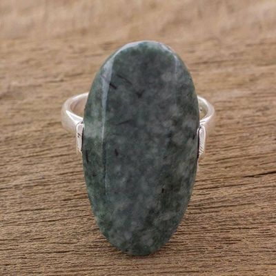 Alternate image for Dark Green Jade and Silver Cocktail Ring from Guatemala Maya Virtue in Dark Green