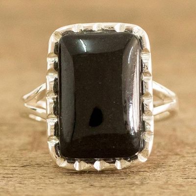Alternate image for Sterling Silver Ring with Black Jade Stone from Guatemala Black Reflection