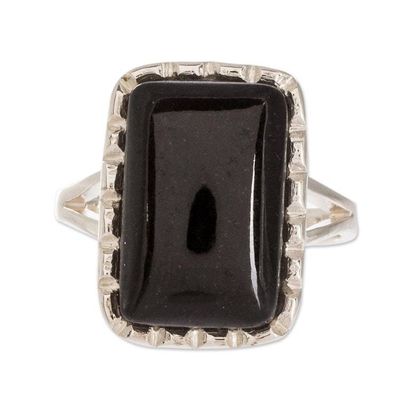 Alternate image for Sterling Silver Ring with Black Jade Stone from Guatemala Black Reflection