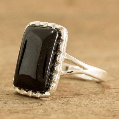 Alternate image for Sterling Silver Ring with Black Jade Stone from Guatemala Black Reflection