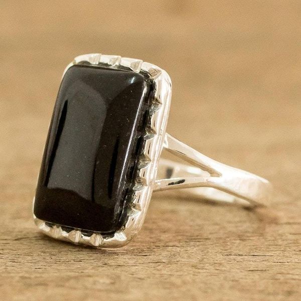 Alternate image for Sterling Silver Ring with Black Jade Stone from Guatemala Black Reflection