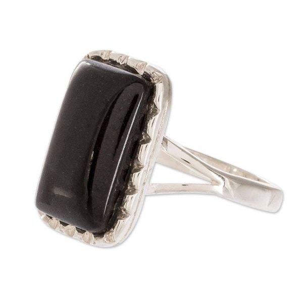 Alternate image for Sterling Silver Ring with Black Jade Stone from Guatemala Black Reflection