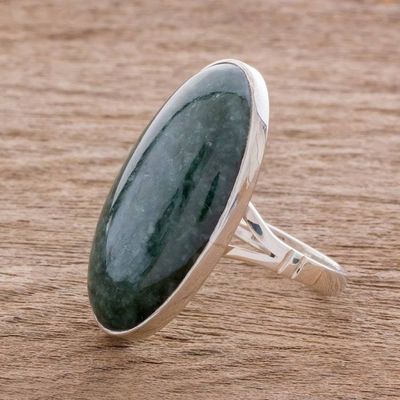 Primary image for Oval Jade and Sterling Silver Cocktail Ring from Guatemala Dark Green Tonalities