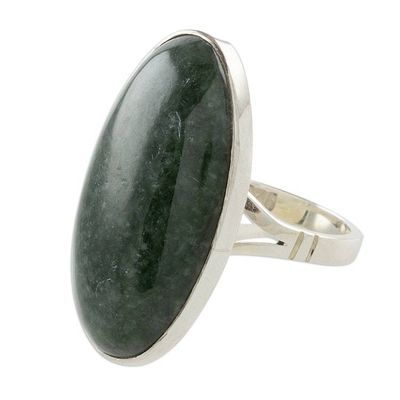 Alternate image for Oval Jade and Sterling Silver Cocktail Ring from Guatemala Dark Green Tonalities