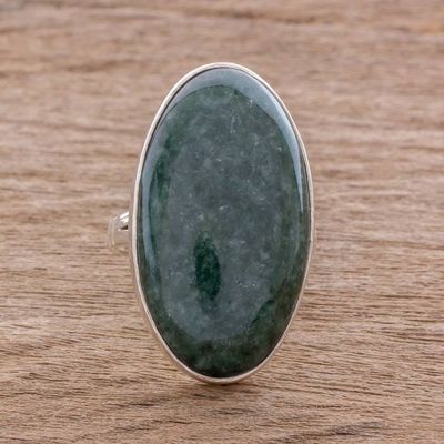 Alternate image for Oval Jade and Sterling Silver Cocktail Ring from Guatemala Dark Green Tonalities