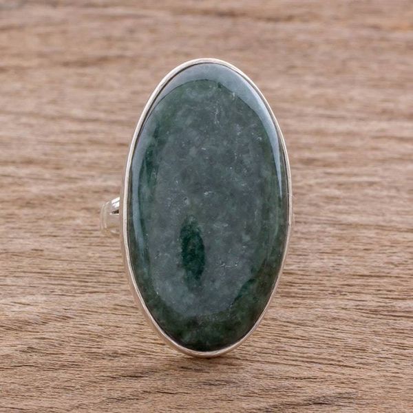 Alternate image for Oval Jade and Sterling Silver Cocktail Ring from Guatemala Dark Green Tonalities