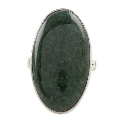 Alternate image for Oval Jade and Sterling Silver Cocktail Ring from Guatemala Dark Green Tonalities