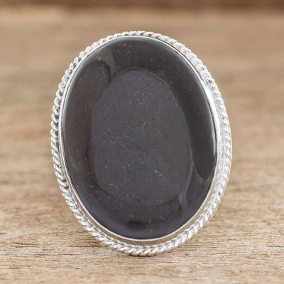Primary image for Unique Modern Sterling Silver Black Jade Cocktail Ring Maya Night Sky