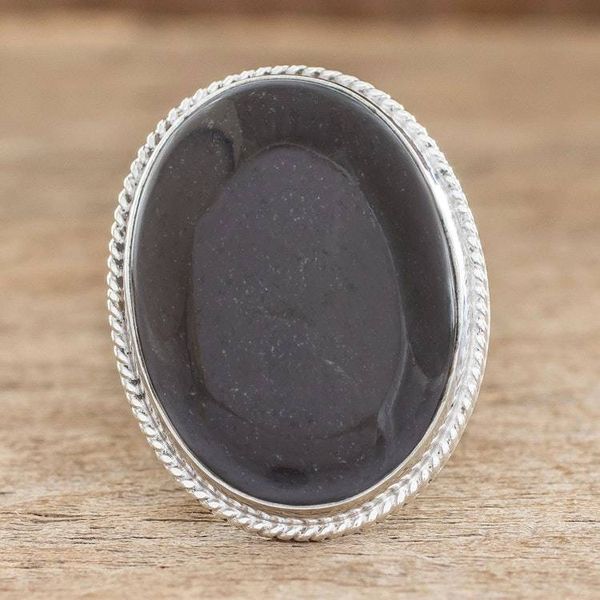 Alternate image for Unique Modern Sterling Silver Black Jade Cocktail Ring Maya Night Sky