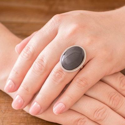 Alternate image for Unique Modern Sterling Silver Black Jade Cocktail Ring Maya Night Sky