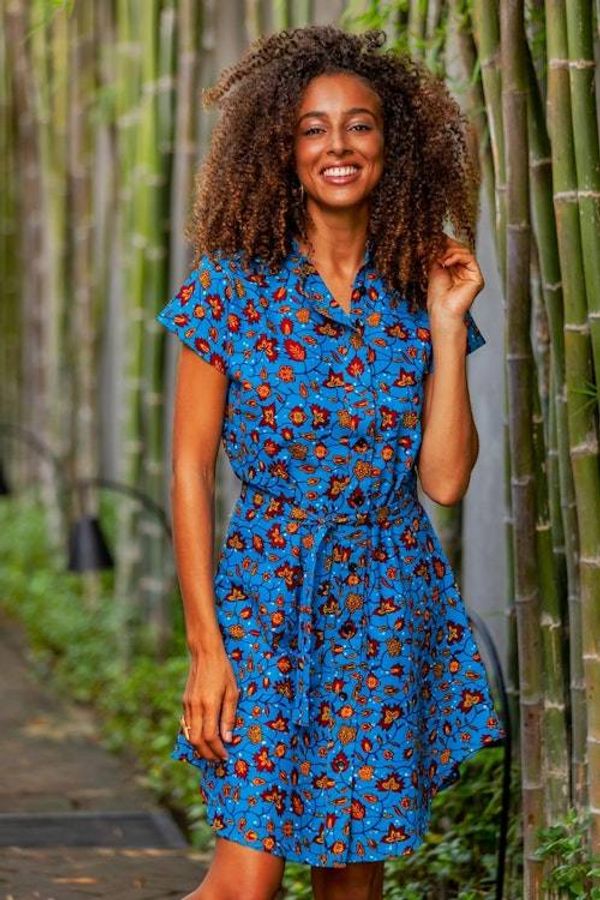 Alternate image for Printed Cotton Short Sleeve Shirtdress in Azure Virtuous Lady