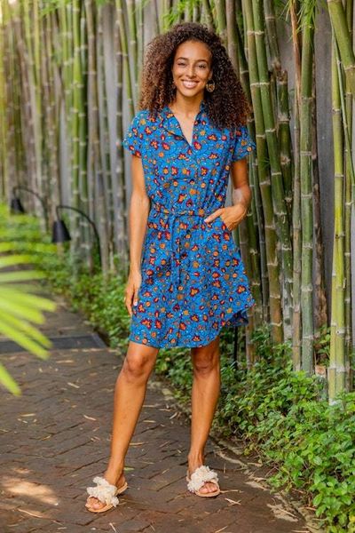 Alternate image for Printed Cotton Short Sleeve Shirtdress in Azure Virtuous Lady