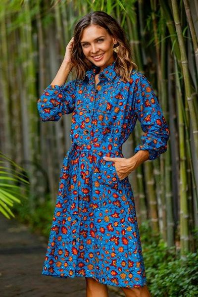 Alternate image for Vine Motif Cotton Shirtdress in Azure from Ghana Virtuous Vine