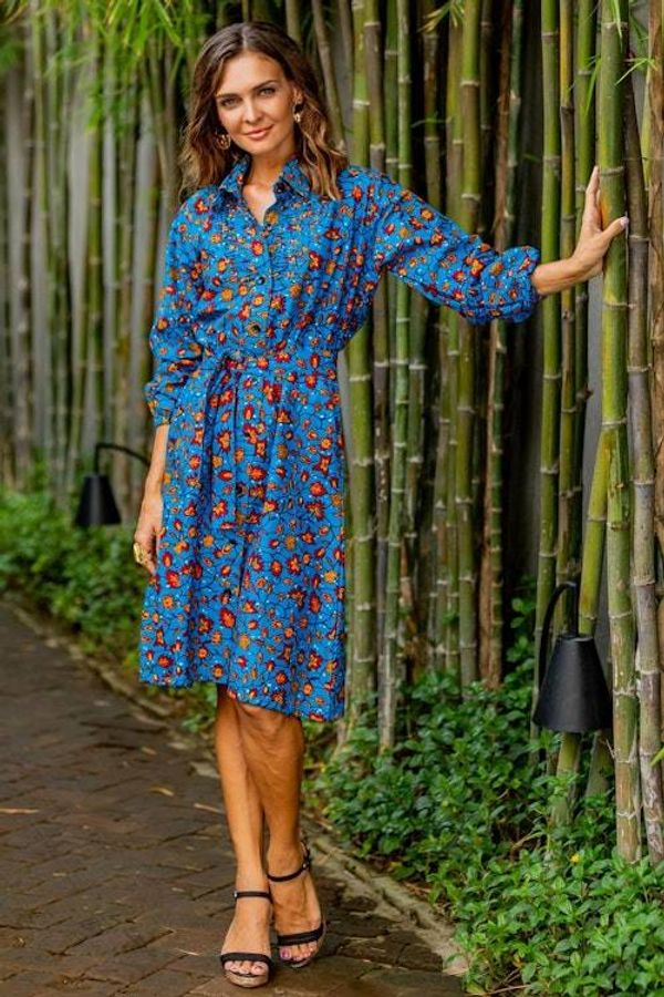 Alternate image for Vine Motif Cotton Shirtdress in Azure from Ghana Virtuous Vine
