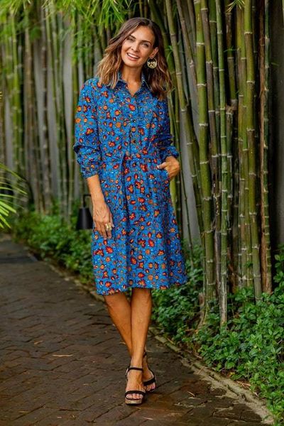 Alternate image for Vine Motif Cotton Shirtdress in Azure from Ghana Virtuous Vine