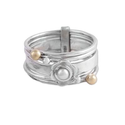 Alternate image for Cultured Pearl and Sterling Silver Meditation Spinner Ring Luminous Floral