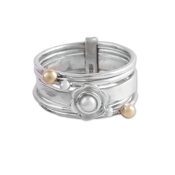 Alternate image for Cultured Pearl and Sterling Silver Meditation Spinner Ring Luminous Floral