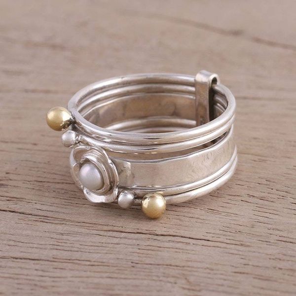 Alternate image for Cultured Pearl and Sterling Silver Meditation Spinner Ring Luminous Floral