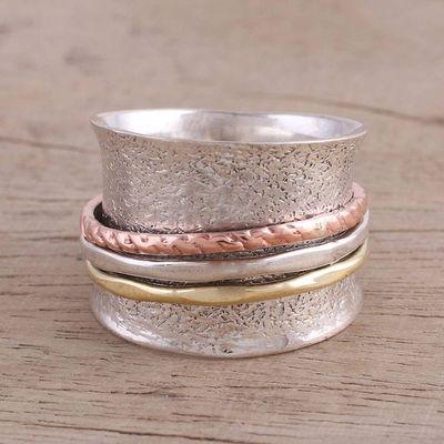 Alternate image for Sterling Silver India Meditation Ring with Copper and Brass Stylish Textures