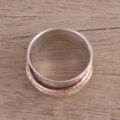 Alternate image for Sterling Silver India Meditation Ring with Copper and Brass Stylish Textures