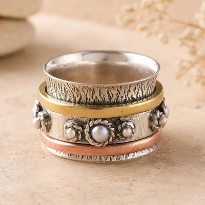 Alternate image for Handcrafted Sterling Silver Meditation Ring with Pearl Spinning Blossom