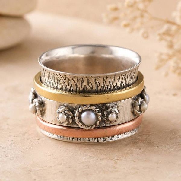 Alternate image for Handcrafted Sterling Silver Meditation Ring with Pearl Spinning Blossom