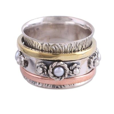 Alternate image for Handcrafted Sterling Silver Meditation Ring with Pearl Spinning Blossom
