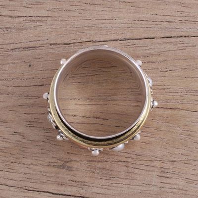 Alternate image for Handcrafted Sterling Silver Meditation Ring with Pearl Spinning Blossom