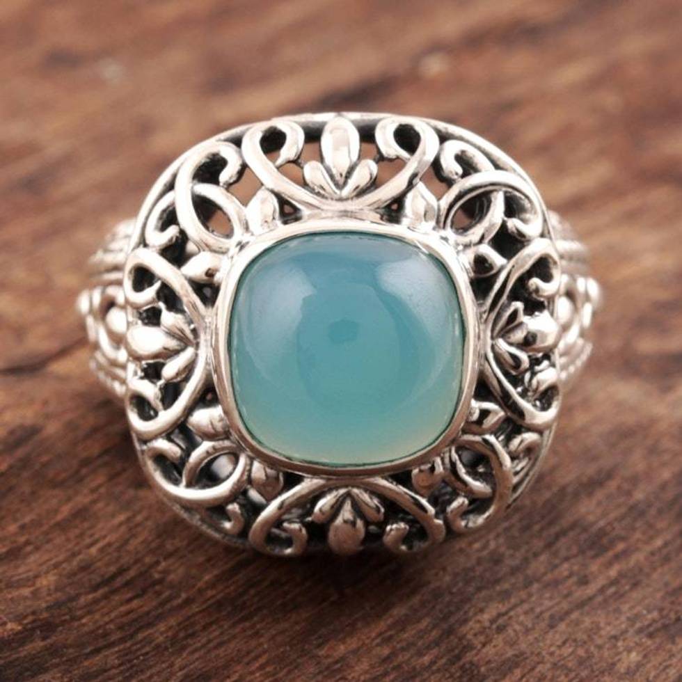 Patterned Blue Chalcedony Cocktail Ring from India 'Fascinating Princess'