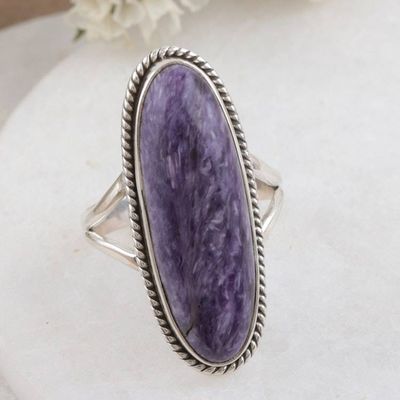 Alternate image for Handmade Charoite and Sterling Silver Cocktail Ring Storm Cloud